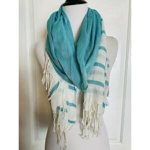 JUST BEE Los Angeles Boutique White Aqua Pashmina Scarf NEW Wrap Shawl Fringe